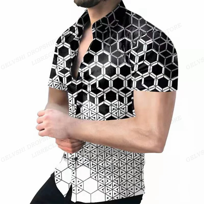 Footmax Men's Geometric 3D Print Hawaiian Shirt - Short Sleeve Beach Shirt
