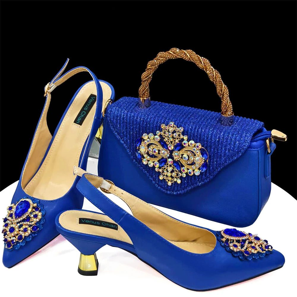 2024Sweet Party Style African Women's Shoes Bags Rhinestone Embellished Pointed Toe Heels Square Clutch Bag
