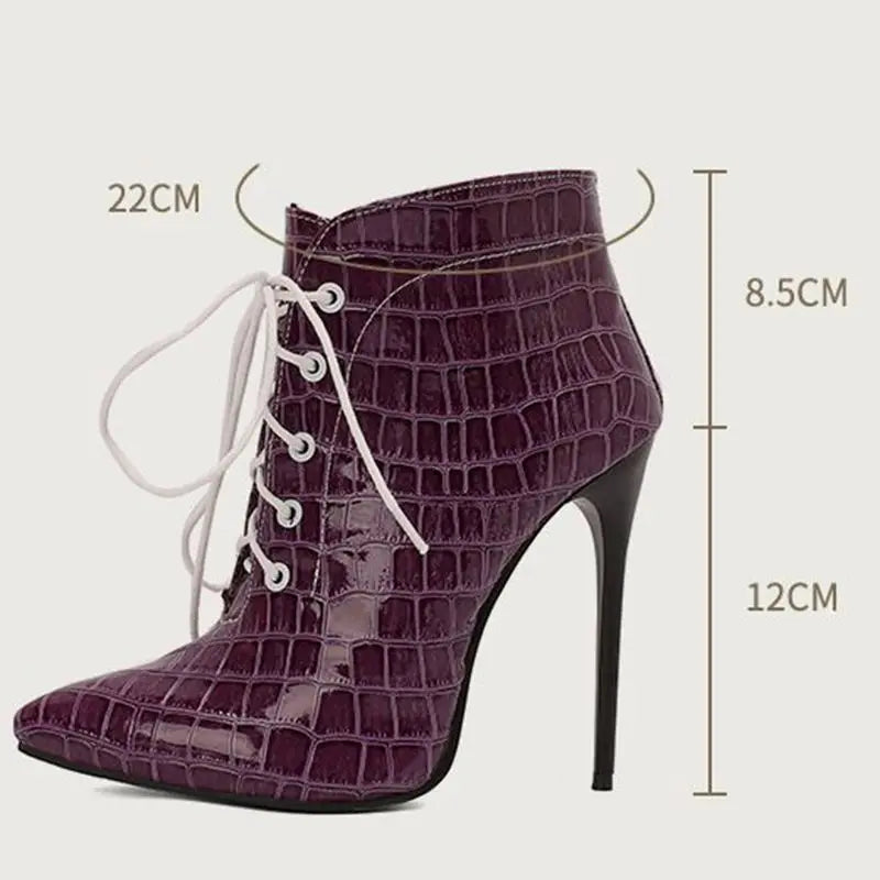 Footmax Women's Stiletto Ankle Boots - 12cm Pointed Toe Lace-Up Party Booties - footmaxldn