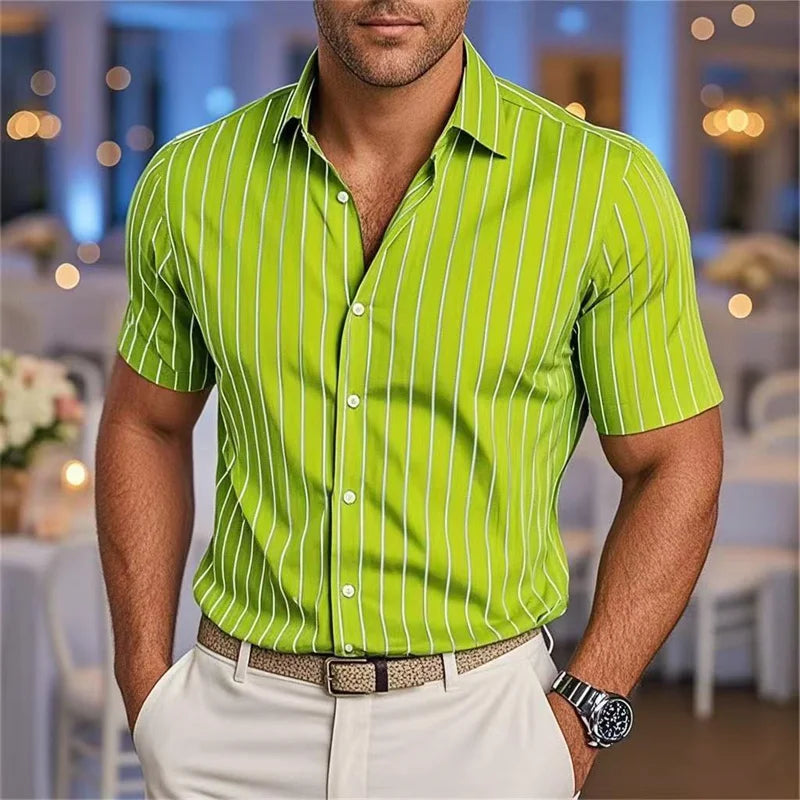 Men's Striped Short Sleeve Shirt - Casual Breathable Button-Up by Footmax
