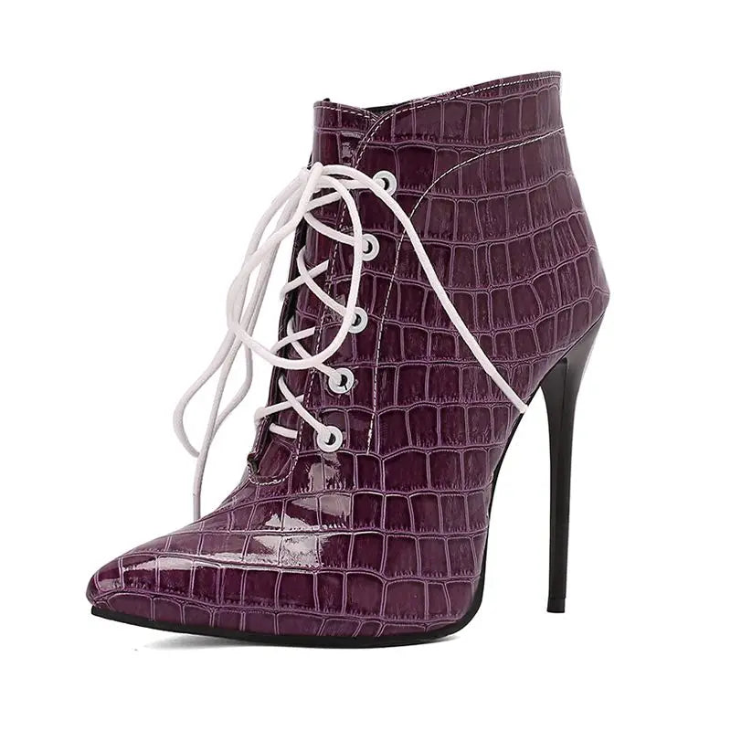 Footmax Women's Stiletto Ankle Boots - 12cm Pointed Toe Lace-Up Party Booties - footmaxldn