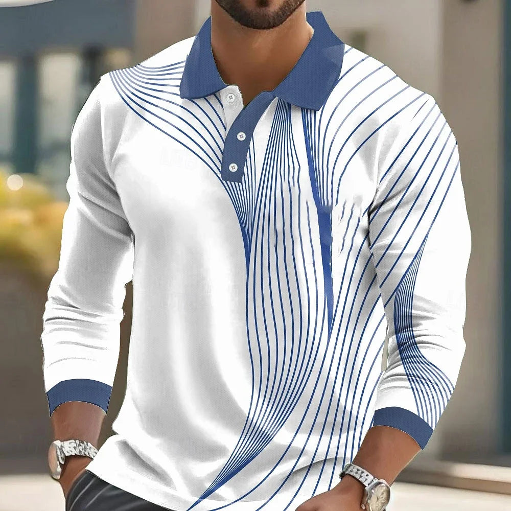 Footmax Men's Striped Print Golf Shirt - Long Sleeve Polo Business Casual 3D Autumn Winter - footmaxldn