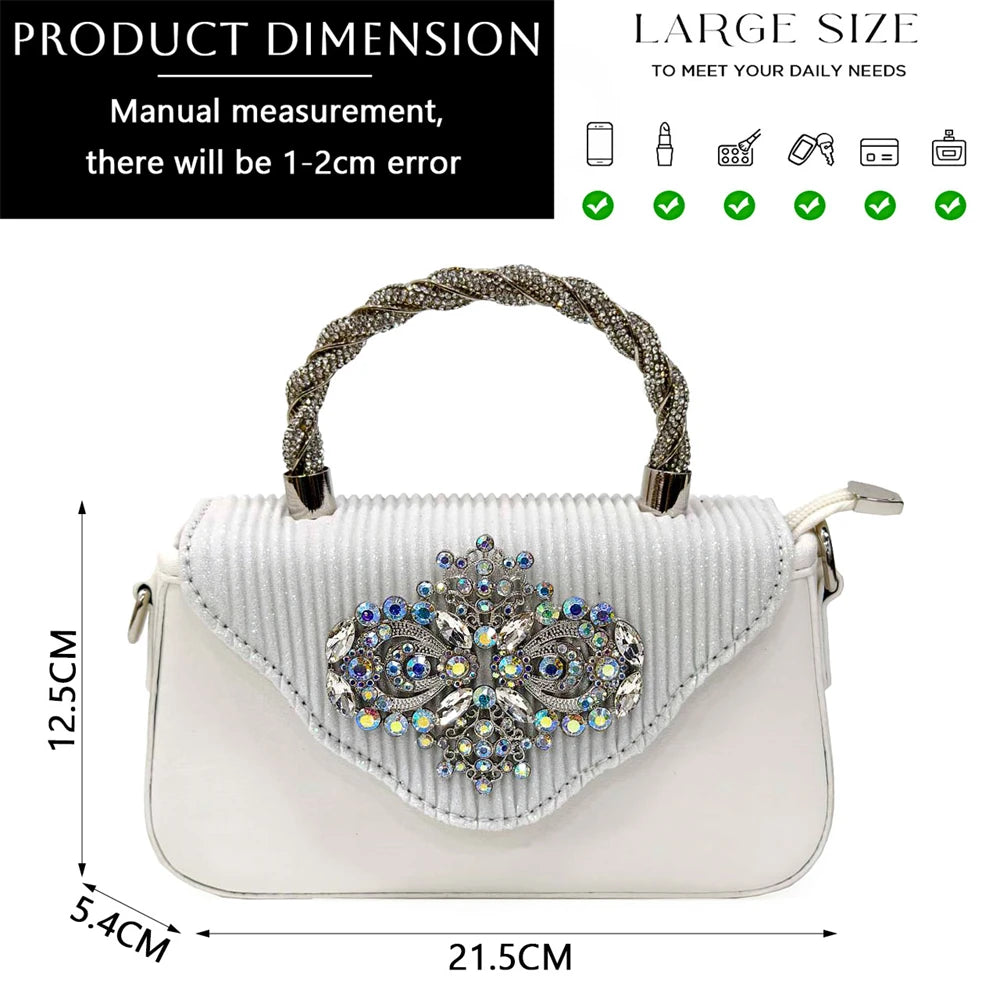 2024Sweet Party Style African Women's Shoes Bags Rhinestone Embellished Pointed Toe Heels Square Clutch Bag