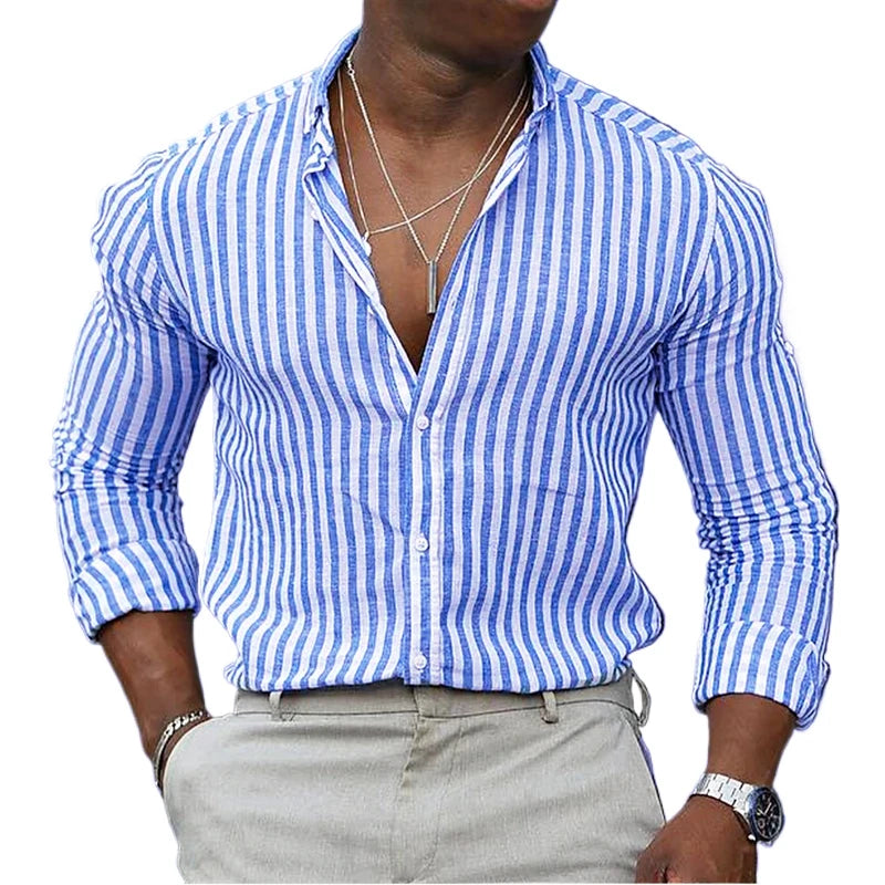 Footmax Men's Striped Hawaiian Shirt - Long Sleeve Breathable Lightweight Streetwear