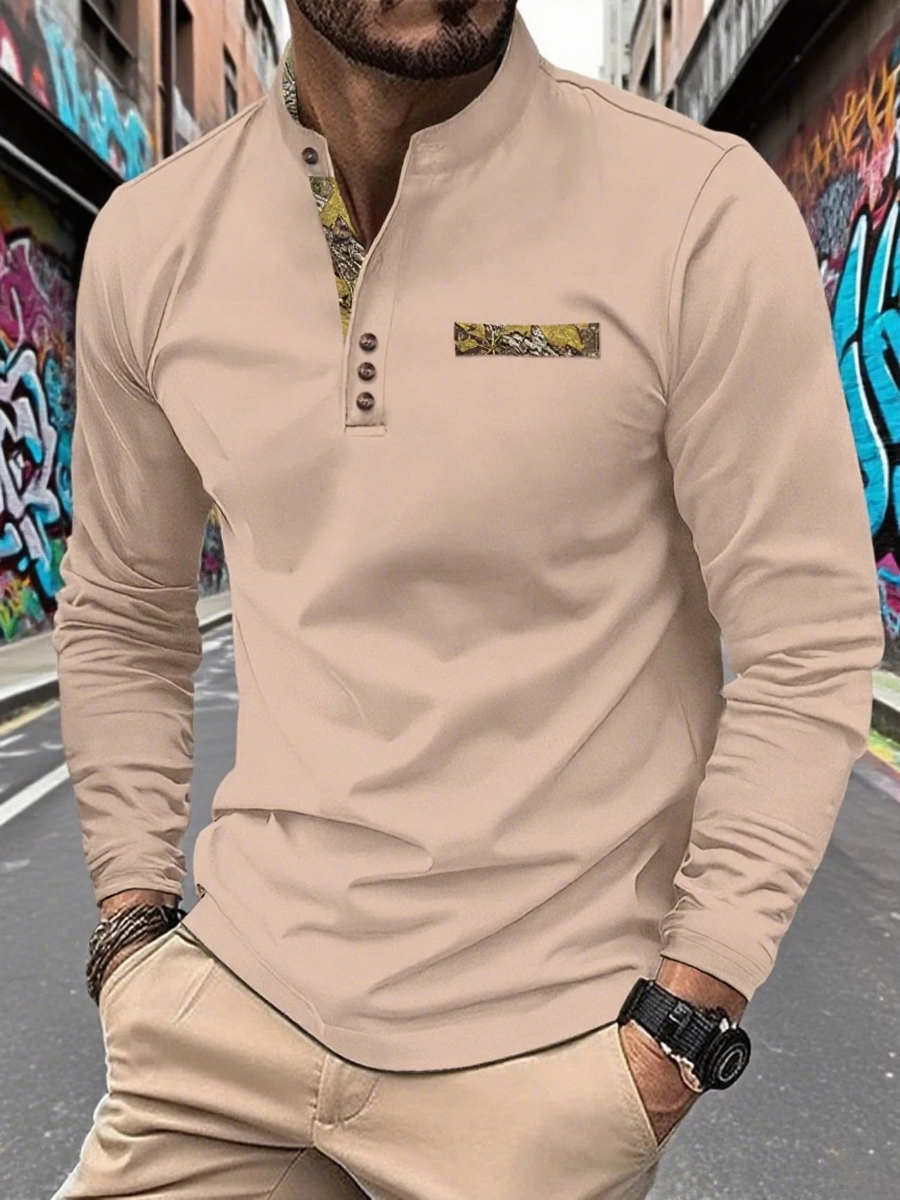 Footmax Men's Autumn Stand Up Collar Polo Shirt - Long Sleeve Button Casual Solid Color - footmaxldn