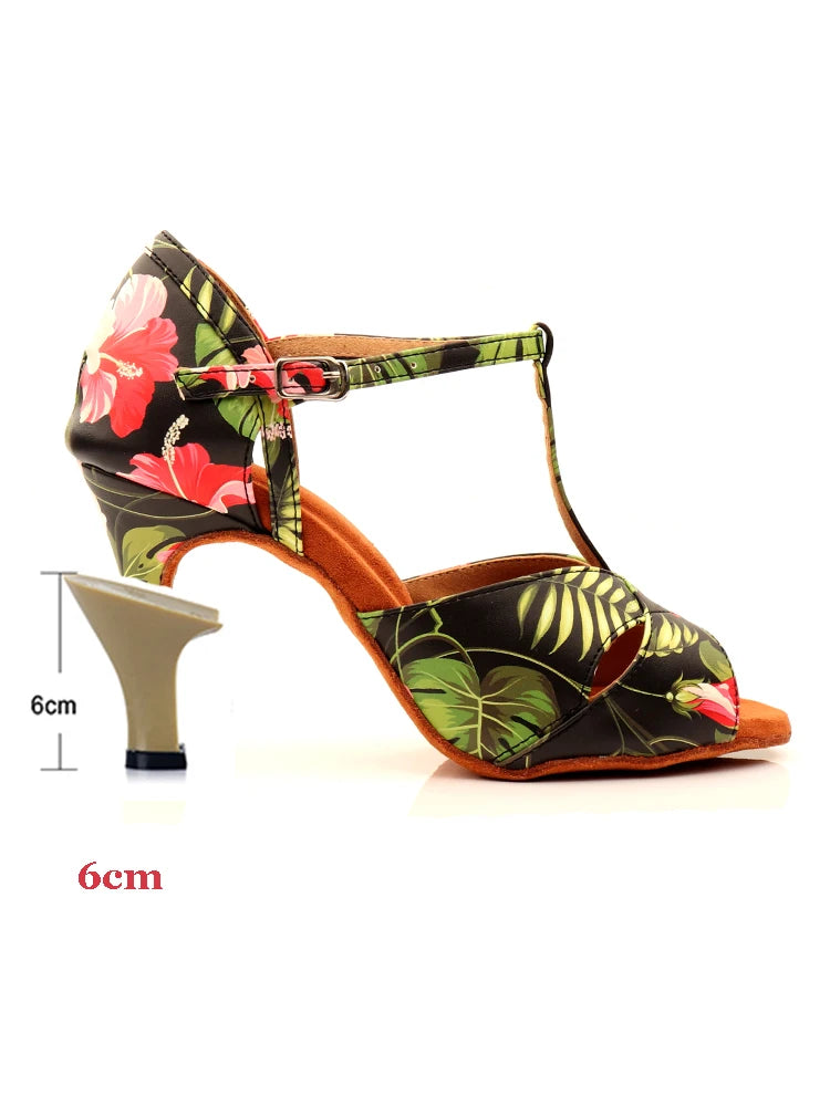 Footmax Women's Monstera Print Latin Dance Shoes - White Cuban Heel Ballroom - footmaxldn