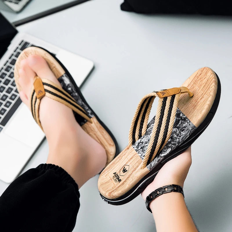 Japanese wood grain flip flops for men in summer wear anti-slip trend printed soft bottom clip foot stroke beach sand sand - footmaxldn