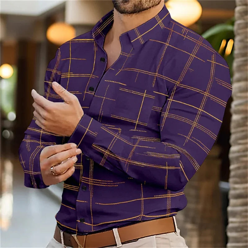 Footmax Men's 3D Stripe Long Sleeve Shirt - Slim Fit Button Down Casual Dress Shirt S-6XL