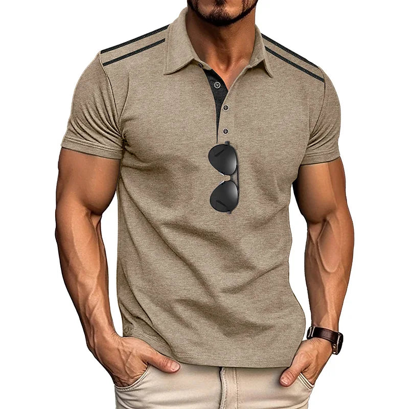 Footmax Men's Retro Color Block Polo Shirt - Short Sleeve Lapel Button Casual Summer - footmaxldn