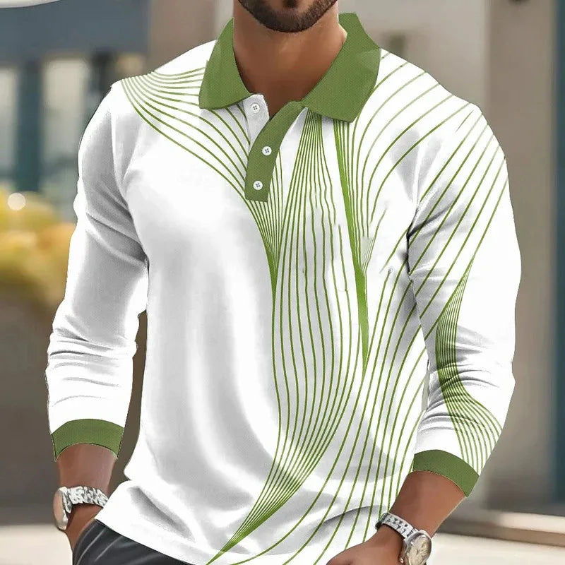 Footmax Men's Striped Print Golf Shirt - Long Sleeve Polo Business Casual 3D Autumn Winter - footmaxldn