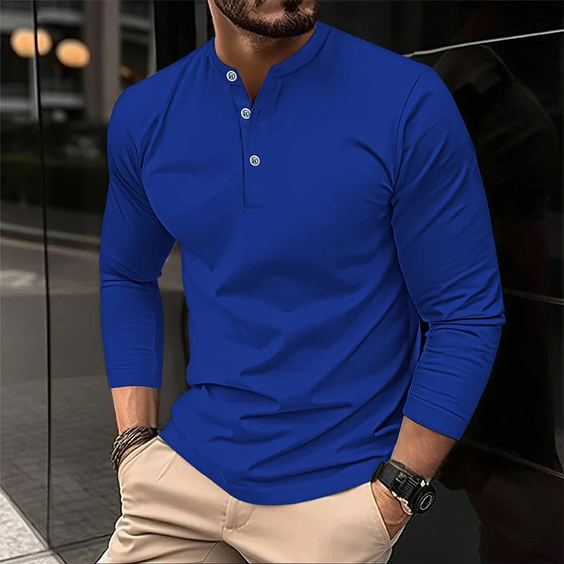 Footmax Men's Henry Collar Button Shirt - Long Sleeve Solid Color Print Spring Autumn - footmaxldn