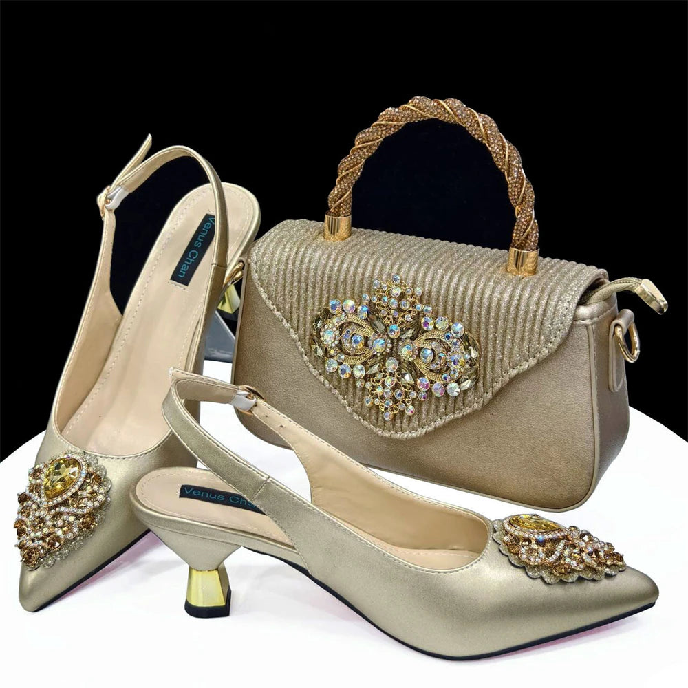 2024Sweet Party Style African Women's Shoes Bags Rhinestone Embellished Pointed Toe Heels Square Clutch Bag