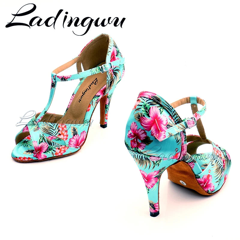 Footmax Tropical Print Satin Salsa Dance Shoes - Women's Latin Ballroom Sandals - footmaxldn