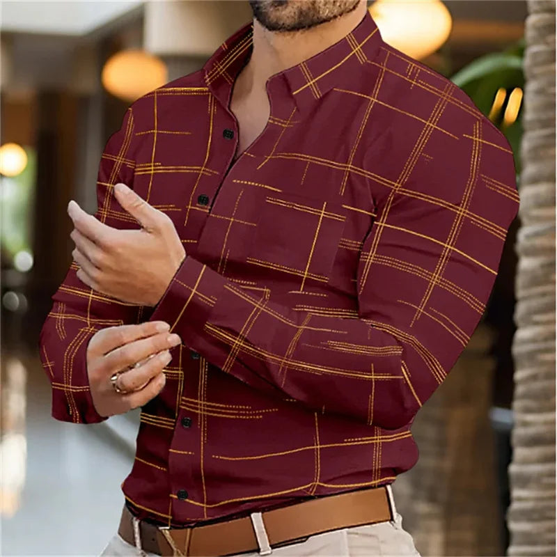 Footmax Men's 3D Stripe Long Sleeve Shirt - Slim Fit Button Down Casual Dress Shirt S-6XL