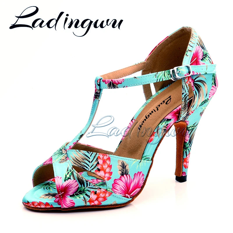 Footmax Tropical Print Satin Salsa Dance Shoes - Women's Latin Ballroom Sandals - footmaxldn
