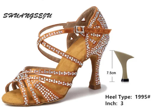 SHUANGSEJU 2025 New Latin Dance Shoes Female Hot Diamond Dance Shoes National Standard Salsa Cha Cha Dance Shoes 6-7.5-9cm Heel - footmaxldn