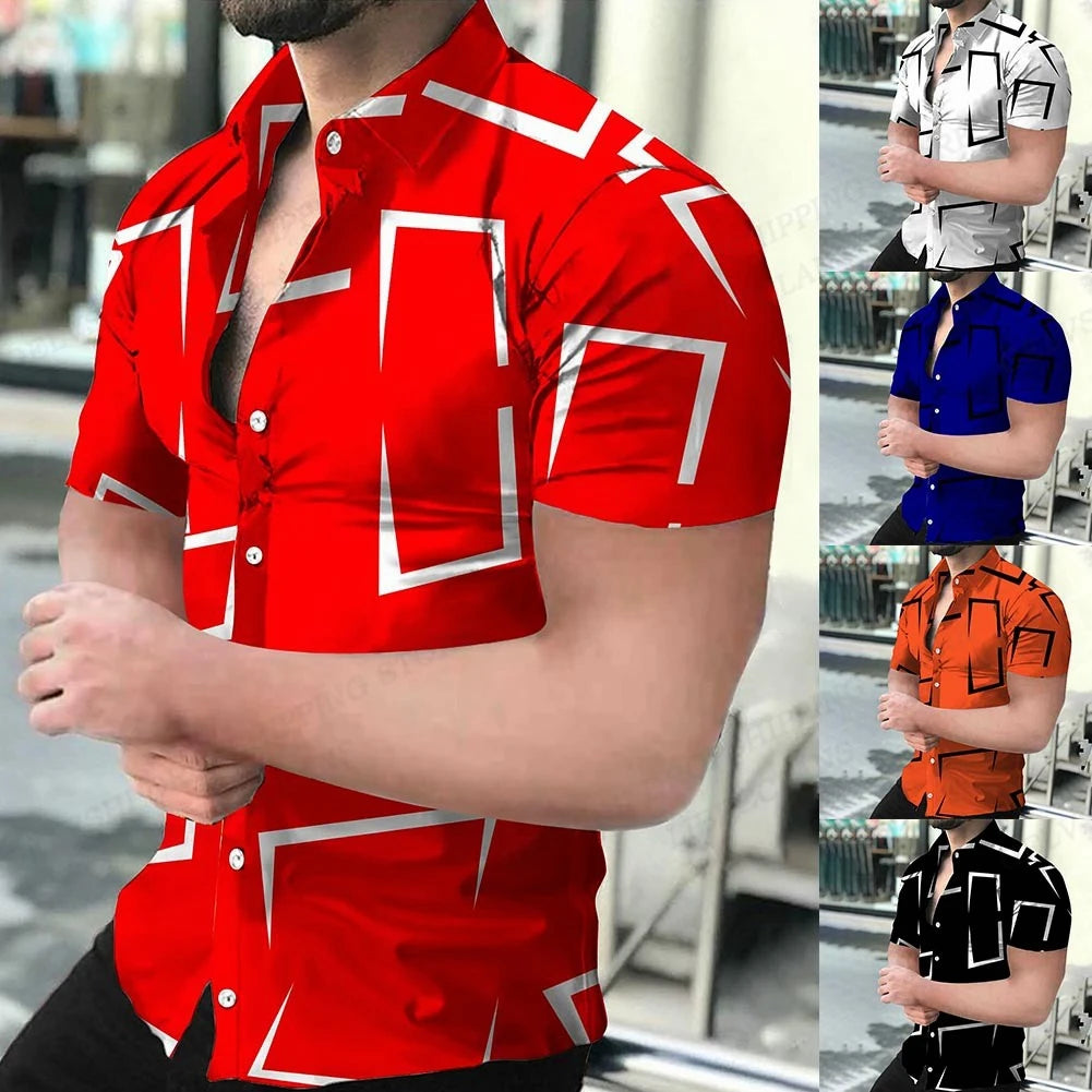 Footmax Men's Geometric 3D Print Hawaiian Shirt - Short Sleeve Beach Shirt