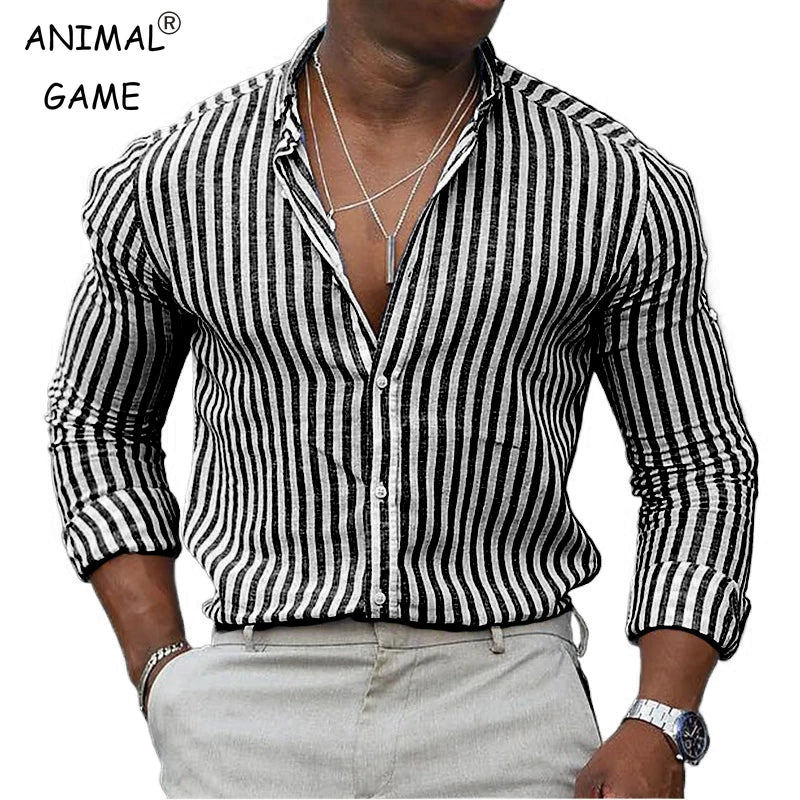 Footmax Men's Striped Hawaiian Shirt - Long Sleeve Breathable Lightweight Streetwear