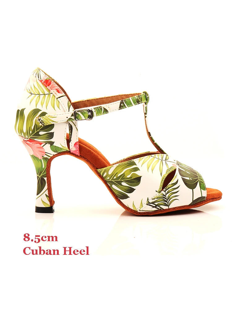 Footmax Women's Monstera Print Latin Dance Shoes - White Cuban Heel Ballroom - footmaxldn