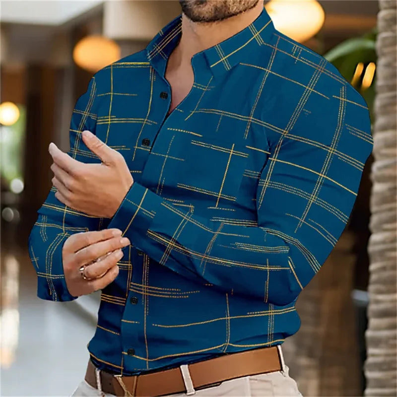 Footmax Men's 3D Stripe Long Sleeve Shirt - Slim Fit Button Down Casual Dress Shirt S-6XL