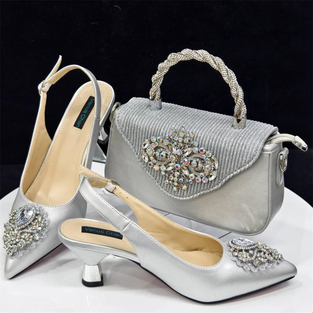 2024Sweet Party Style African Women's Shoes Bags Rhinestone Embellished Pointed Toe Heels Square Clutch Bag
