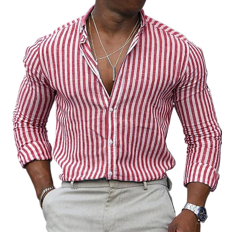 Footmax Men's Striped Hawaiian Shirt - Long Sleeve Breathable Lightweight Streetwear