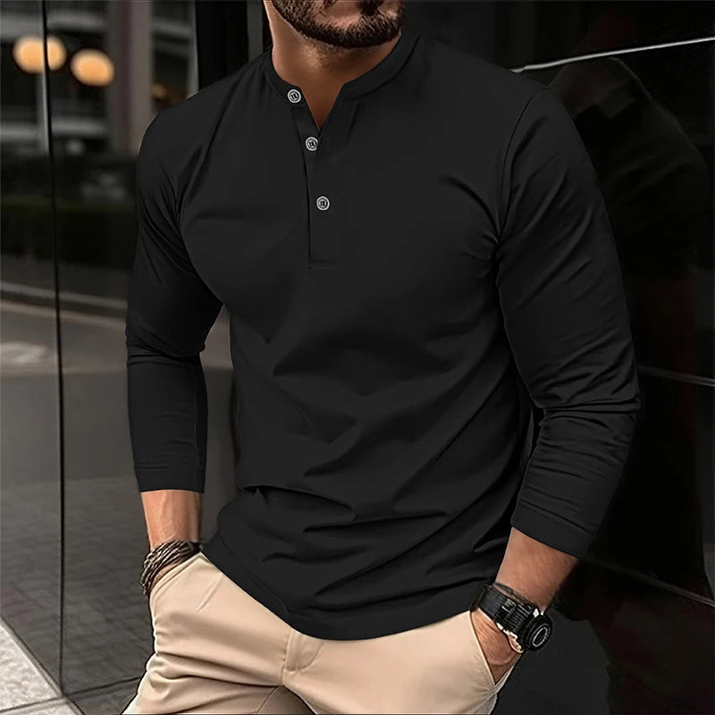 Footmax Men's Henry Collar Button Shirt - Long Sleeve Solid Color Print Spring Autumn - footmaxldn
