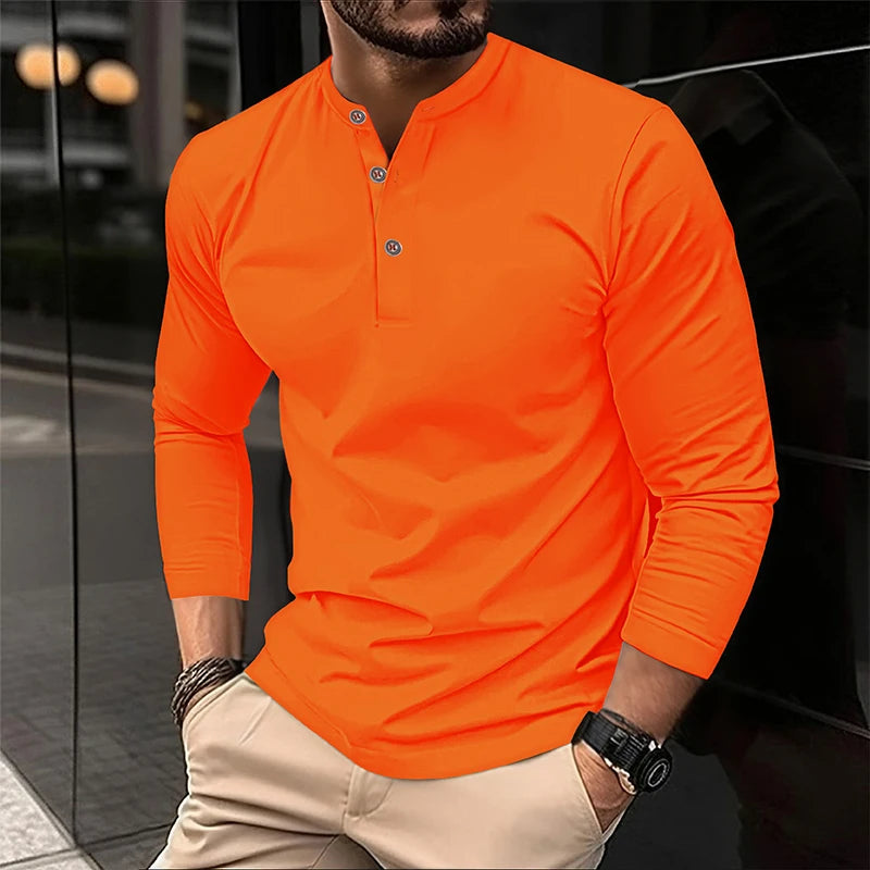 Footmax Men's Henry Collar Button Shirt - Long Sleeve Solid Color Print Spring Autumn - footmaxldn
