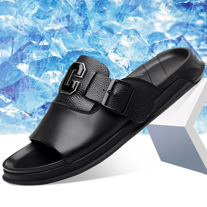 Men's Genuine Leather Platform Sandals | Roman Buckle Summer Slides – Footmaxldn