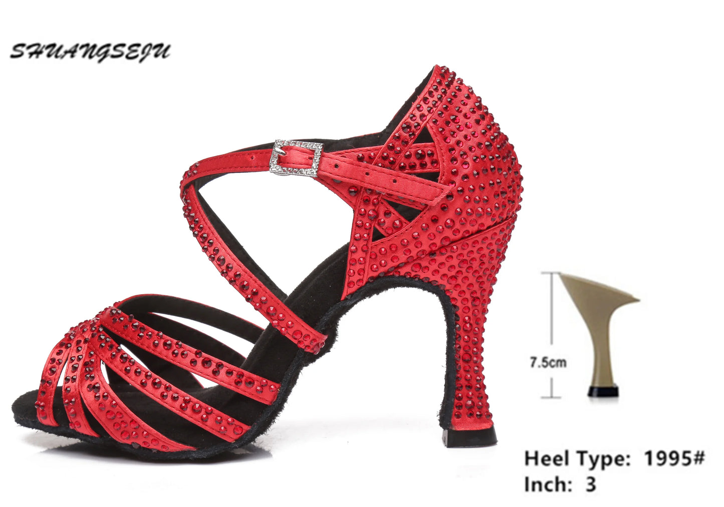 SHUANGSEJU 2025 New Latin Dance Shoes Female Hot Diamond Dance Shoes National Standard Salsa Cha Cha Dance Shoes 6-7.5-9cm Heel - footmaxldn