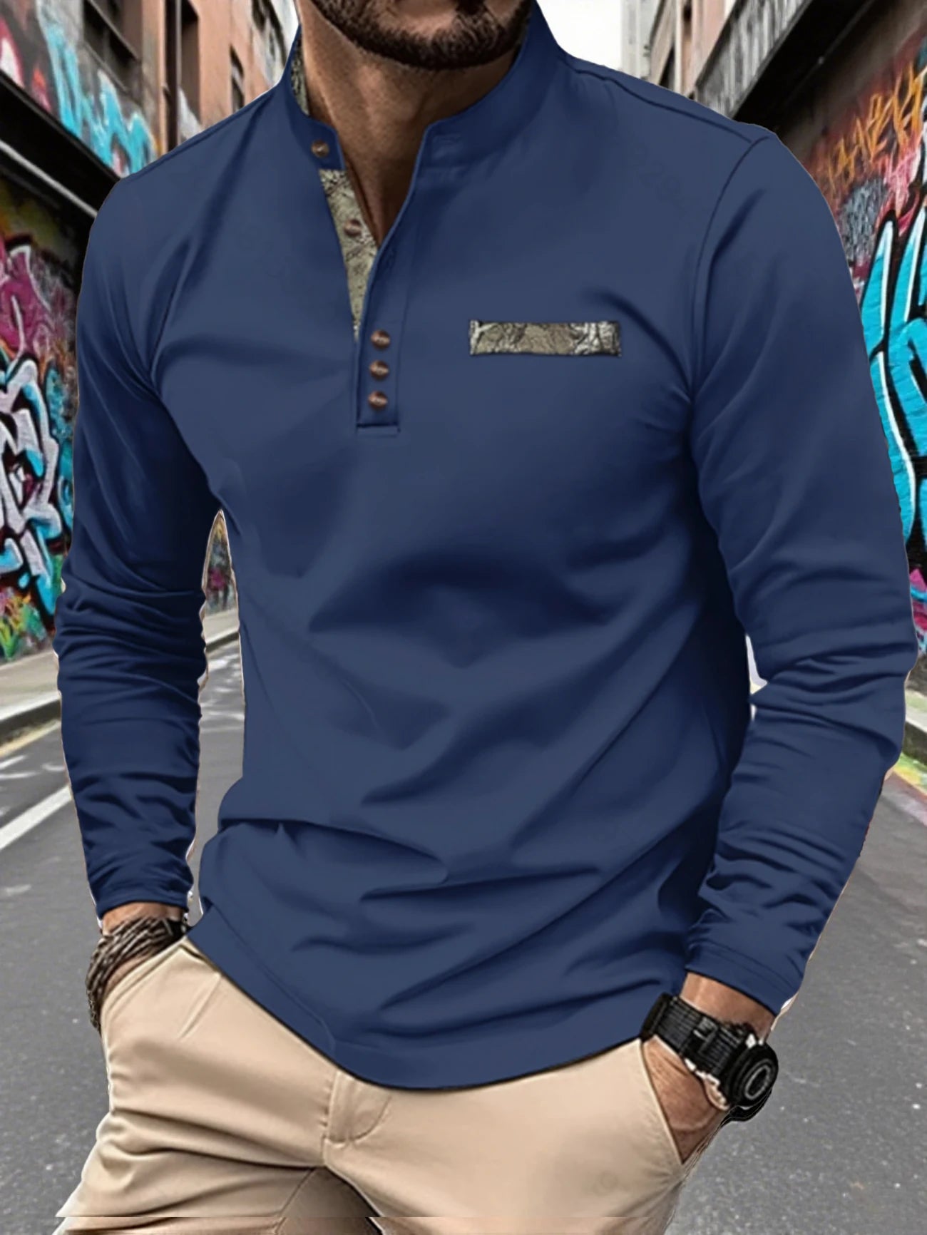 Footmax Men's Autumn Stand Up Collar Polo Shirt - Long Sleeve Button Casual Solid Color - footmaxldn