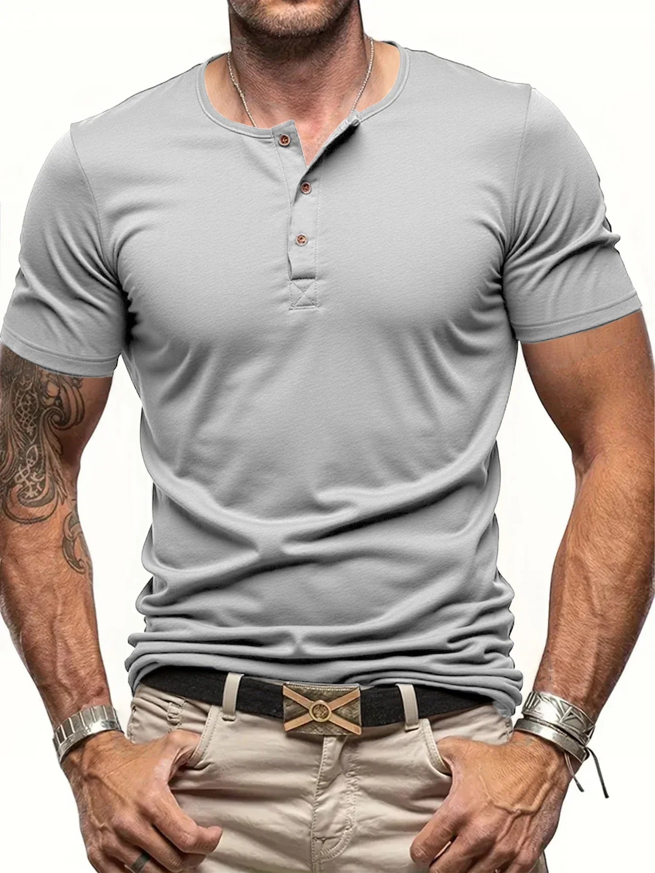 FootMax Men's Henley T-Shirt - Slim Fit Button Neck Short Sleeve Casual Tee - footmaxldn