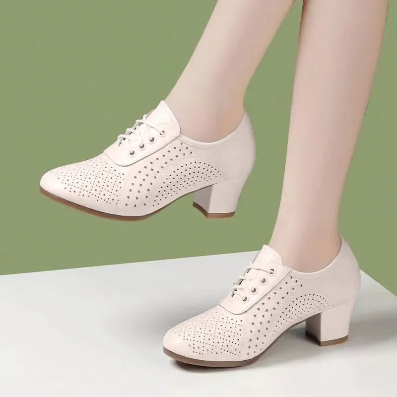 Footmax Women's High Heel Office Shoes - Classic Round Toe Lace-Up Pumps - footmaxldn
