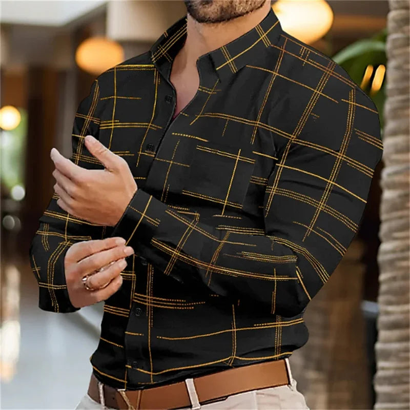 Footmax Men's 3D Stripe Long Sleeve Shirt - Slim Fit Button Down Casual Dress Shirt S-6XL