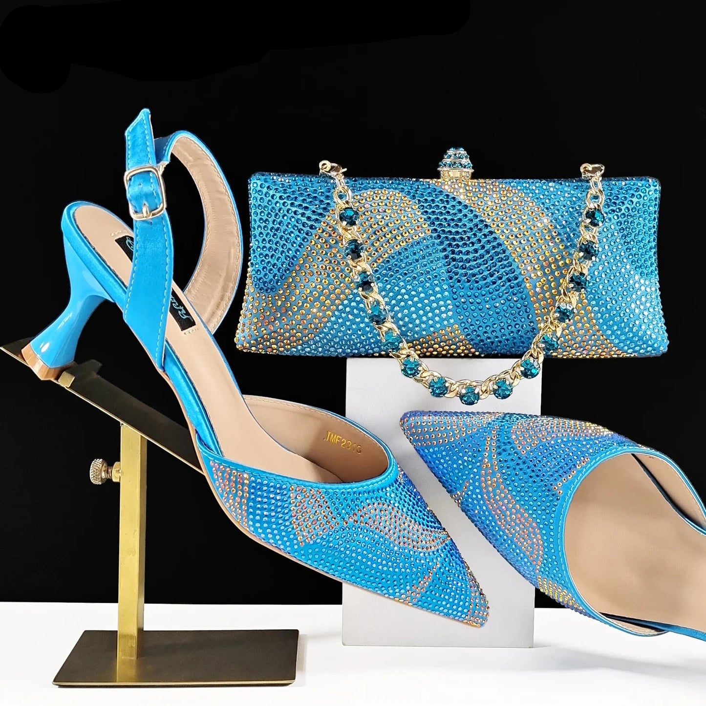 Footmax Black Gold Dazzling Heels & Clutch Set - Festive Elegance Collection - footmaxldn