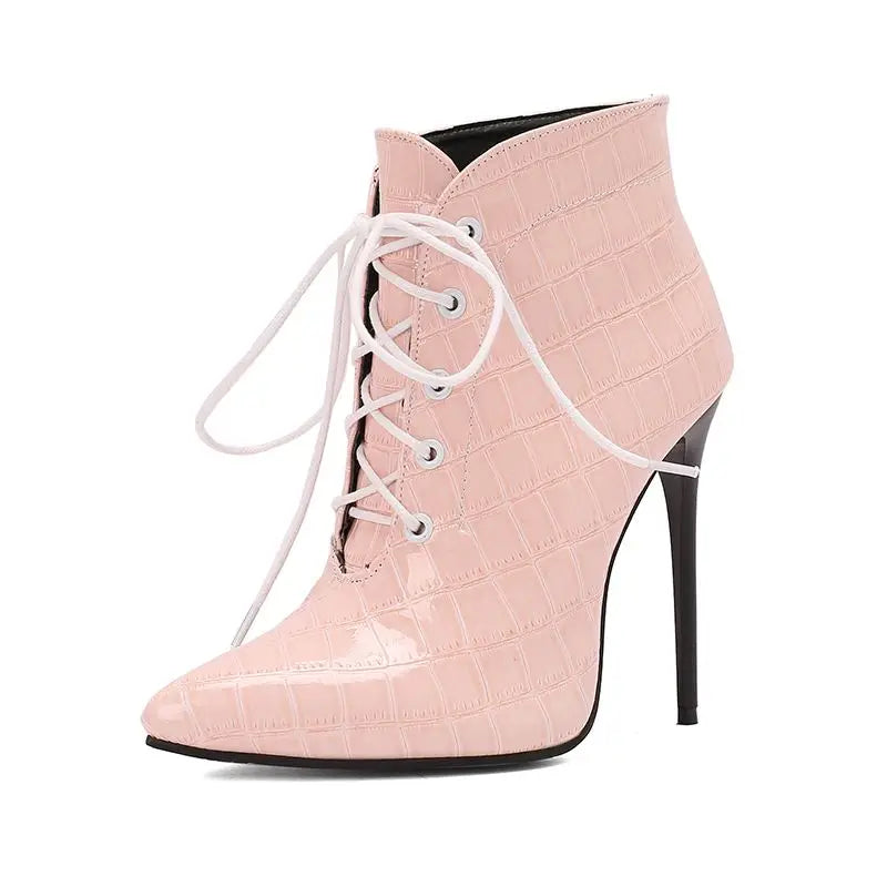 Footmax Women's Stiletto Ankle Boots - 12cm Pointed Toe Lace-Up Party Booties - footmaxldn