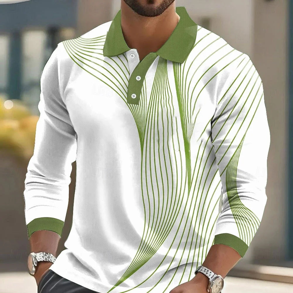 Footmax Men's Striped Print Golf Shirt - Long Sleeve Polo Business Casual 3D Autumn Winter - footmaxldn
