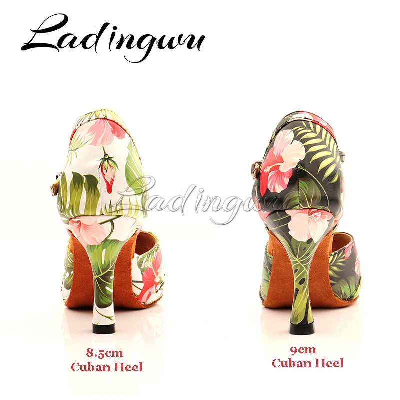 Footmax Women's Monstera Print Latin Dance Shoes - White Cuban Heel Ballroom - footmaxldn