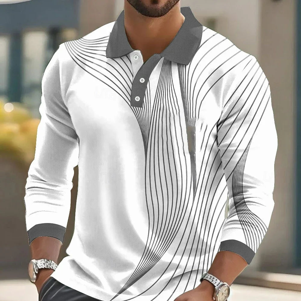 Footmax Men's Striped Print Golf Shirt - Long Sleeve Polo Business Casual 3D Autumn Winter - footmaxldn