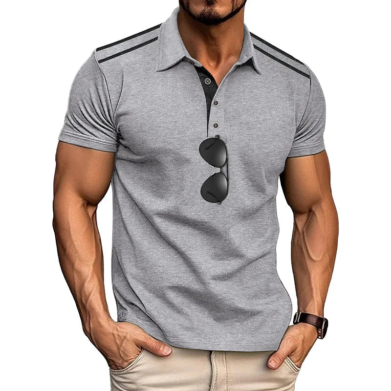 Footmax Men's Retro Color Block Polo Shirt - Short Sleeve Lapel Button Casual Summer - footmaxldn