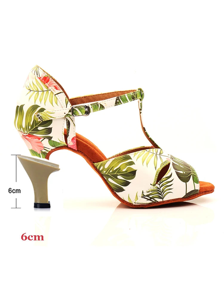Footmax Women's Monstera Print Latin Dance Shoes - White Cuban Heel Ballroom - footmaxldn