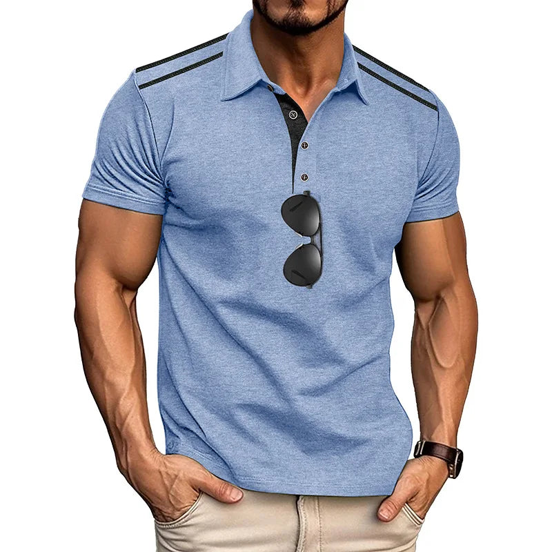 Footmax Men's Retro Color Block Polo Shirt - Short Sleeve Lapel Button Casual Summer - footmaxldn