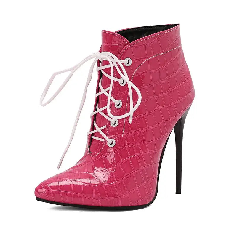 Footmax Women's Stiletto Ankle Boots - 12cm Pointed Toe Lace-Up Party Booties - footmaxldn