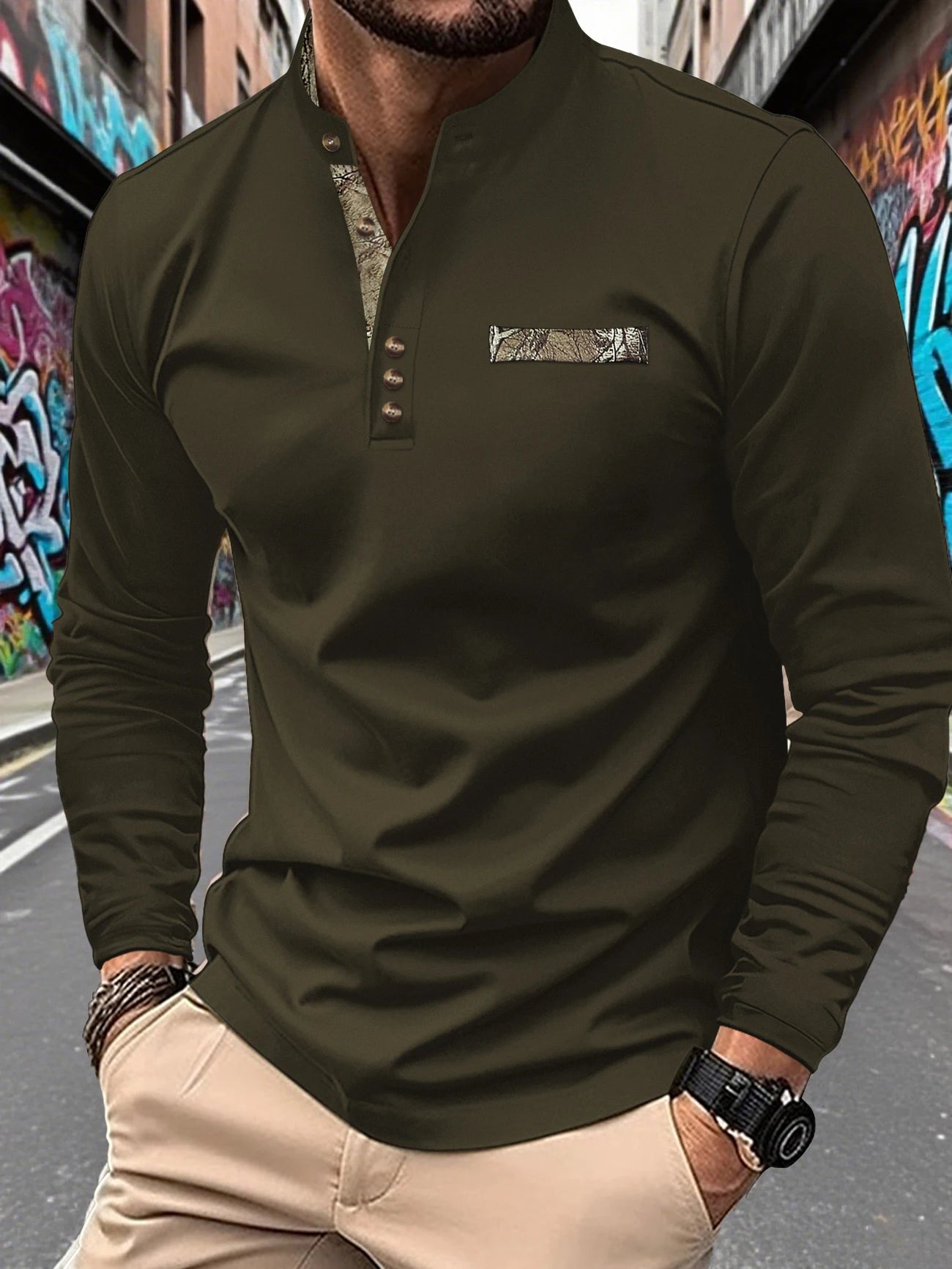 Footmax Men's Autumn Stand Up Collar Polo Shirt - Long Sleeve Button Casual Solid Color - footmaxldn