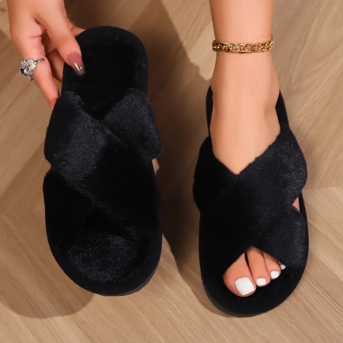 Womens Slippers Fashion Fluffy Fur - FOOTMAX