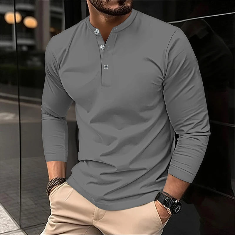 Footmax Men's Henry Collar Button Shirt - Long Sleeve Solid Color Print Spring Autumn - footmaxldn