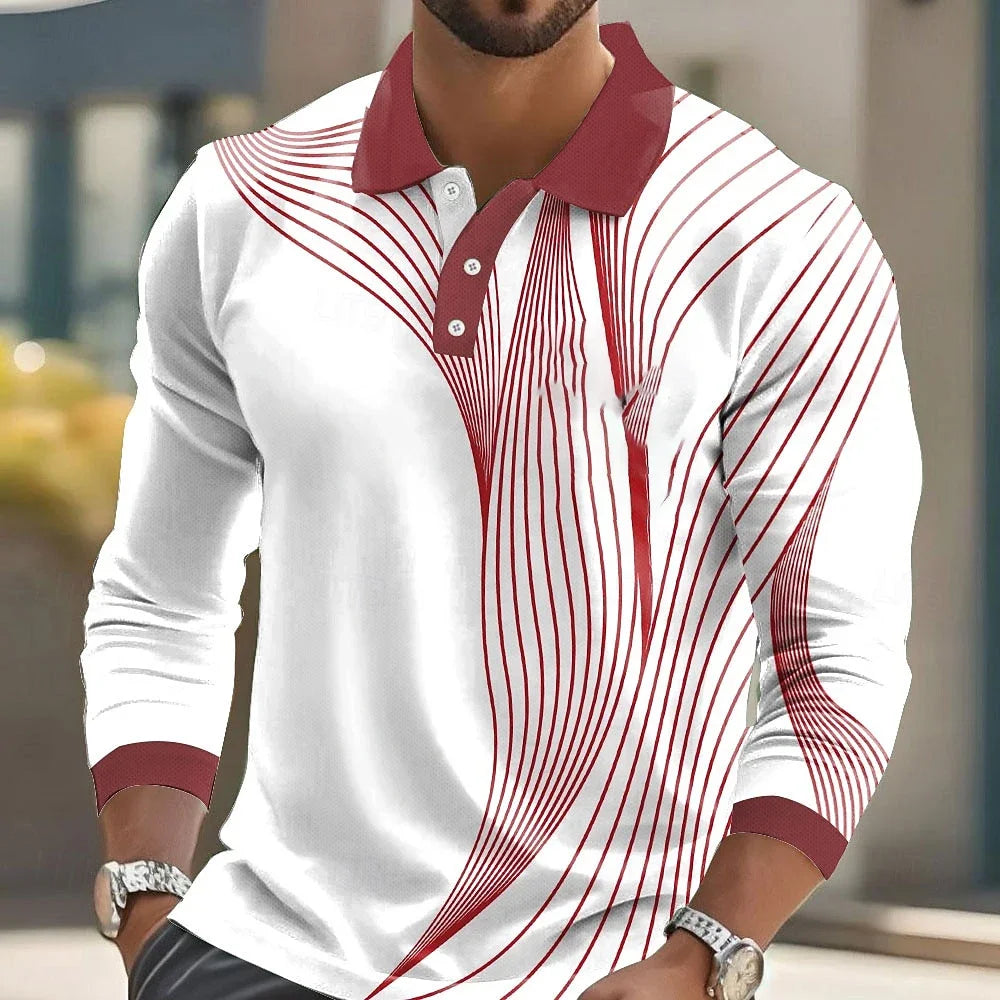 Footmax Men's Striped Print Golf Shirt - Long Sleeve Polo Business Casual 3D Autumn Winter - footmaxldn