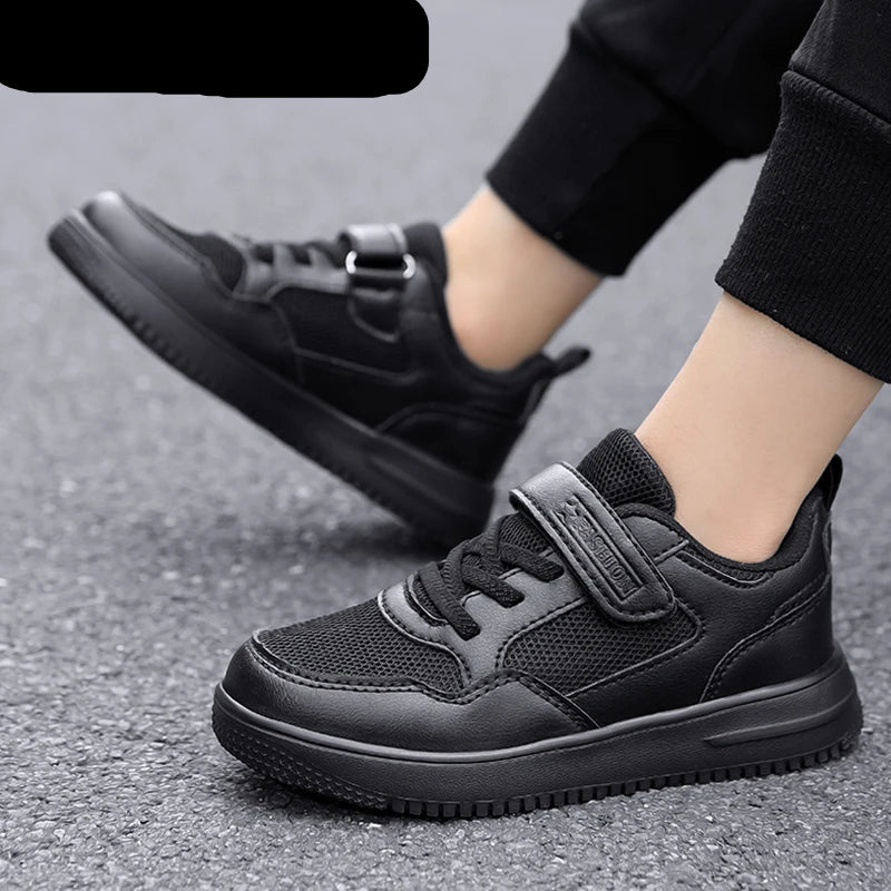 Footmax Kids Black Sports Shoes - Non-Slip Lightweight Tennis Trainers for Boys & Girls - footmaxldn
