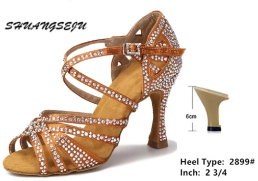 SHUANGSEJU 2025 New Latin Dance Shoes Female Hot Diamond Dance Shoes National Standard Salsa Cha Cha Dance Shoes 6-7.5-9cm Heel - footmaxldn