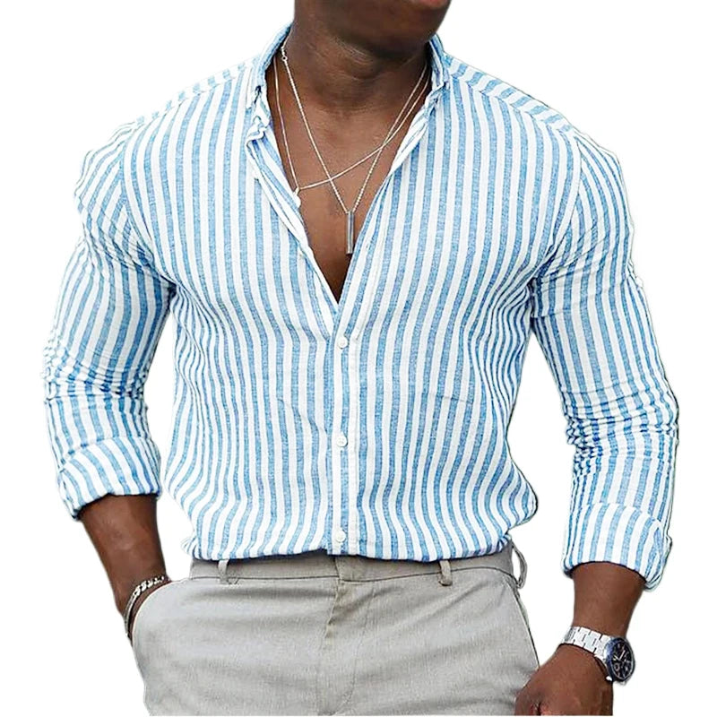 Footmax Men's Striped Hawaiian Shirt - Long Sleeve Breathable Lightweight Streetwear